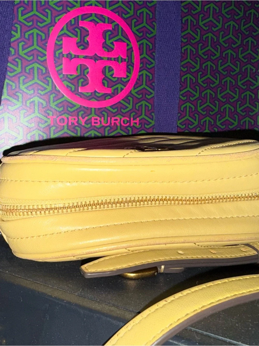 Tory Burch Mustard Quilted Leather Crossbody with Gold Logo
